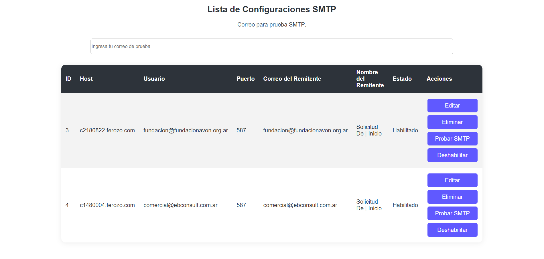 Configuración de servidores SMTP